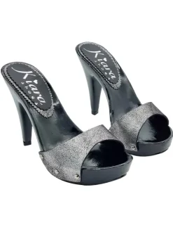 ELEGANT SILVER LAMINATED CLOGS WITH STILETTO HEEL