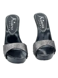 ELEGANT SILVER LAMINATED CLOGS WITH STILETTO HEEL