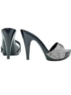 ELEGANT SILVER LAMINATED CLOGS WITH STILETTO HEEL