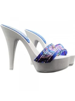 Elegant Women's Clogs with 13 cm Heel and Plateau - Lacquered White & Multicolor Band
