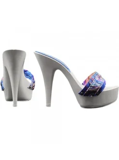 Elegant Women's Clogs with 13 cm Heel and Plateau - Lacquered White & Multicolor Band