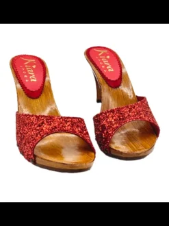 GLITTER CLOGS WITH RED LEATHER BAND