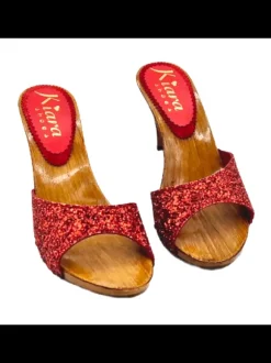 GLITTER CLOGS WITH RED LEATHER BAND