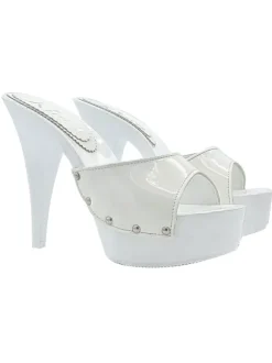GLOSSY WHITE PATENT MULES WITH HIGH HEEL