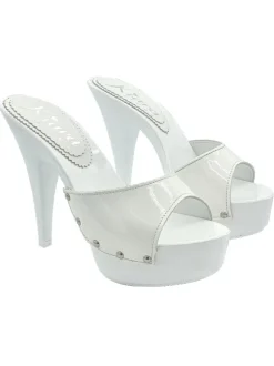 GLOSSY WHITE PATENT MULES WITH HIGH HEEL