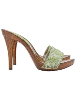 GREEN BRAIDED TWEED CLOGS WITH HIGH HEEL