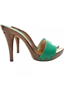 GREEN LEATHER CLOGS HEEL 12 - KM7203