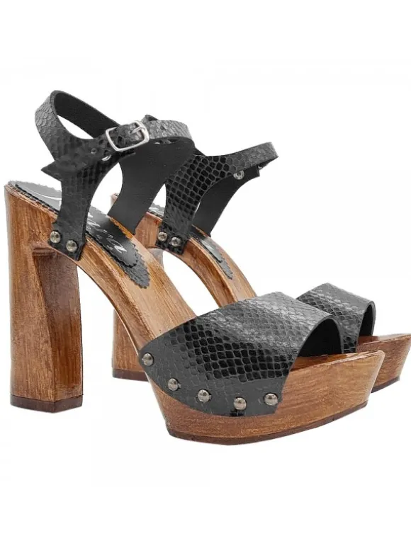 Handcrafted Black Leather Sandals with Python Effect