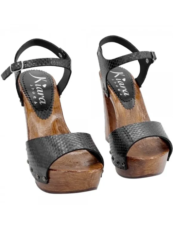 Handcrafted Black Leather Sandals with Python Effect