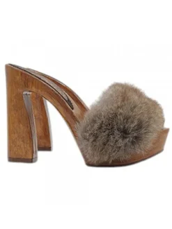 Handmade Women's Clogs with Thick Fur - Heel 12.5 CM
