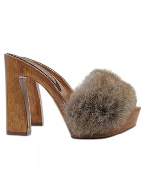 Handmade Women's Clogs with Thick Fur - Heel 12.5 CM