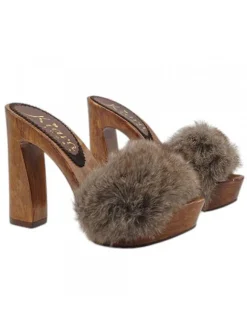 Handmade Women's Clogs with Thick Fur - Heel 12.5 CM