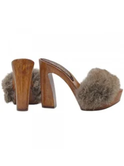 Handmade Women's Clogs with Thick Fur - Heel 12.5 CM