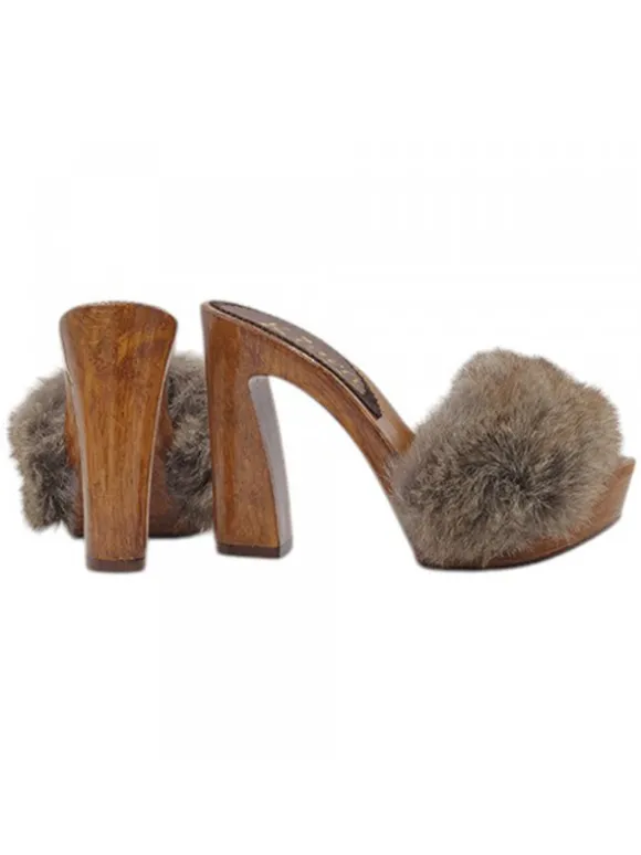 Handmade Women's Clogs with Thick Fur - Heel 12.5 CM