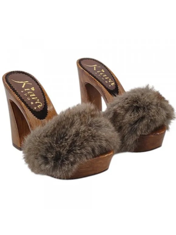 Handmade Women's Clogs with Thick Fur - Heel 12.5 CM