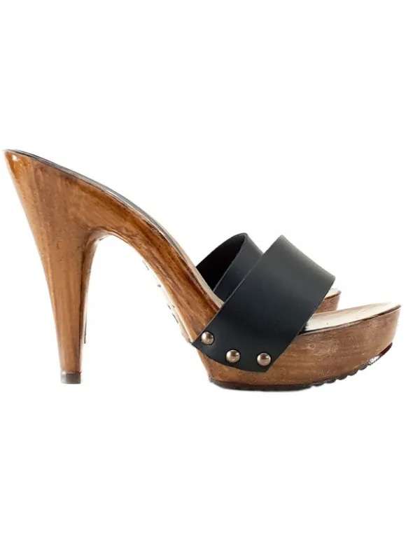 LADY CLOGS BLACK LEATHER HAND MADE