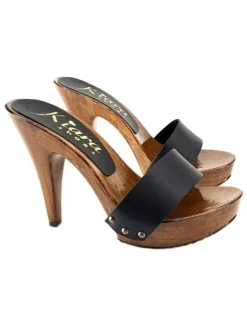 LADY CLOGS BLACK LEATHER HAND MADE