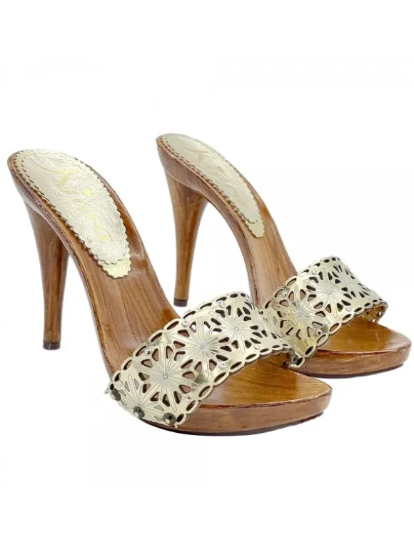 LASERED GOLD LEATHER CLOGS WITH HIGH HEEL