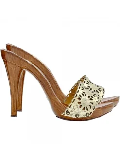 LASERED GOLD LEATHER CLOGS WITH HIGH HEEL