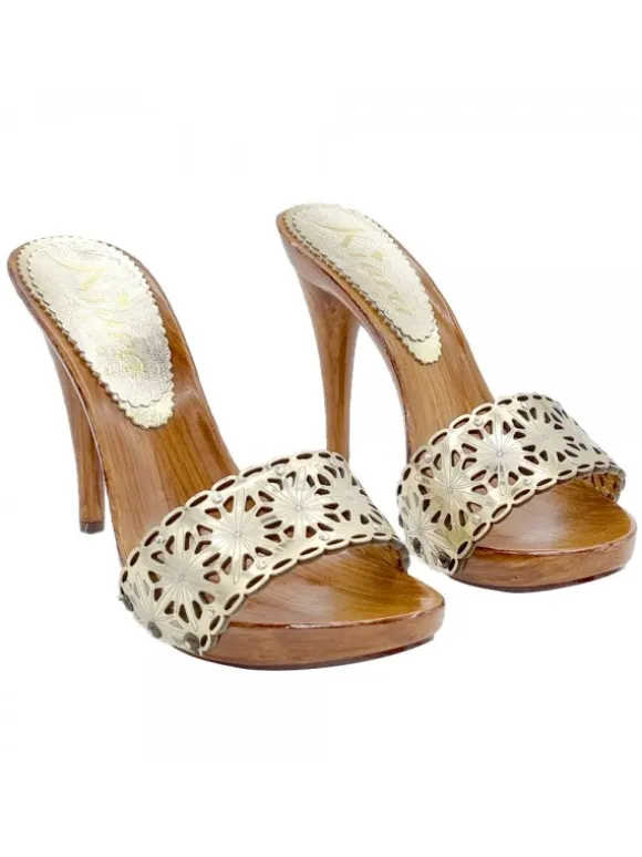 LASERED GOLD LEATHER CLOGS WITH HIGH HEEL