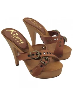 Leather Clog with Crossed Straps and Buckles โ€“ 13 cm Heel