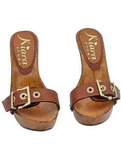 LEATHER CLOGS WITH HIGH HEELS AND GOLDEN BUCKLE