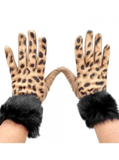 LEOPARD BEIGE GLOVES WITH BLACK FUR