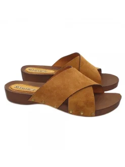LOW BROWN CLOGS WITH CROSSED BANDS