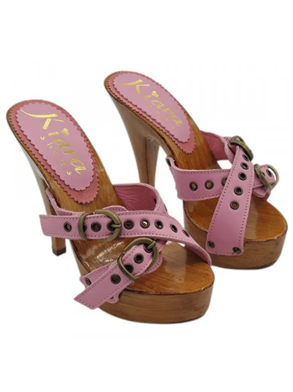 PINK LEATHER HIGH HEEL STILETTO CLOGS