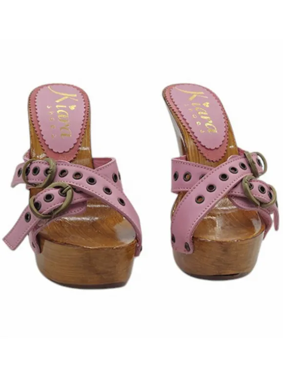 PINK LEATHER HIGH HEEL STILETTO CLOGS