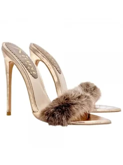 POINTED CHAMPAGNE SANDALS WITH FUR AND HEEL 12