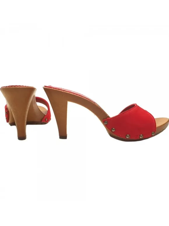 RED COLOURED HEEL CLOGS IN SUEDE