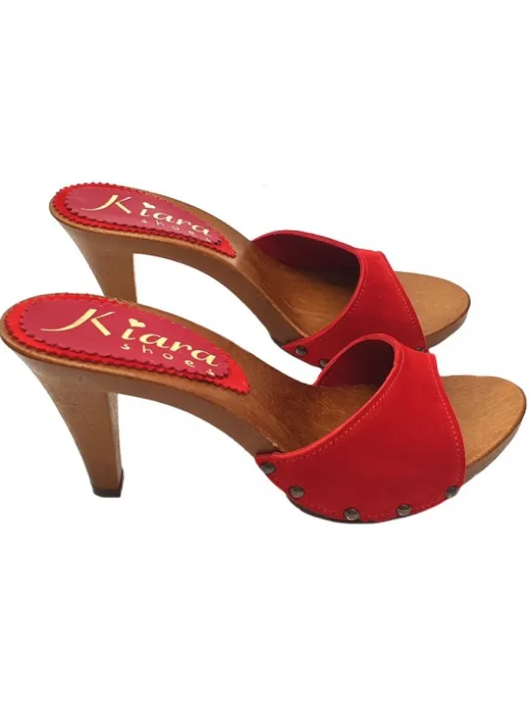 RED COLOURED HEEL CLOGS IN SUEDE