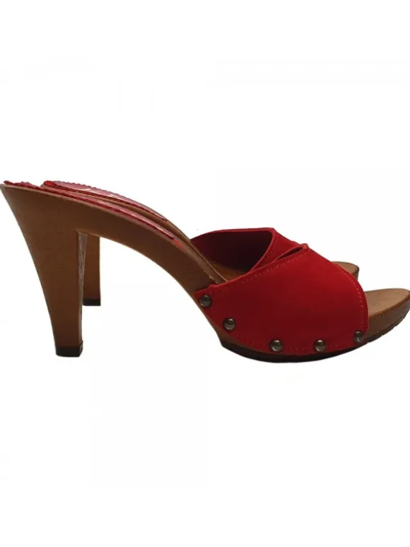 RED COLOURED HEEL CLOGS IN SUEDE