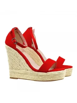 RED SANDALS WITH ROPE WEDGE