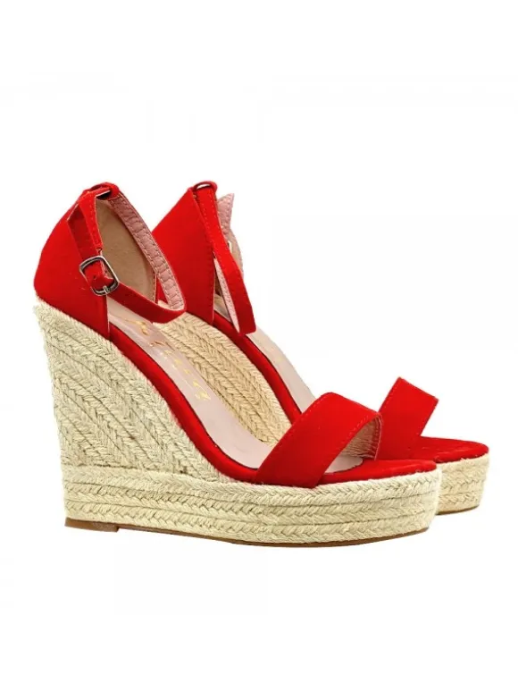 RED SANDALS WITH ROPE WEDGE