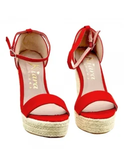 RED SANDALS WITH ROPE WEDGE