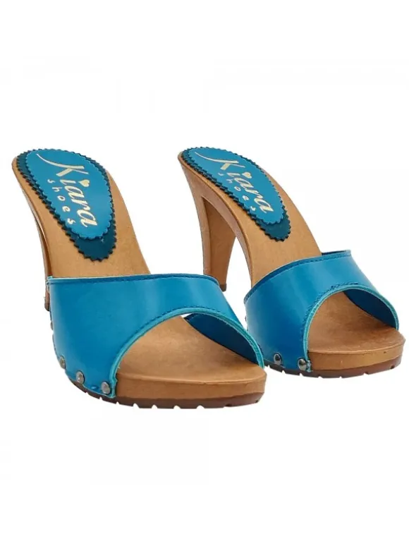 ROYAL BLUE LEATHER CLOGS WITH HEEL 9