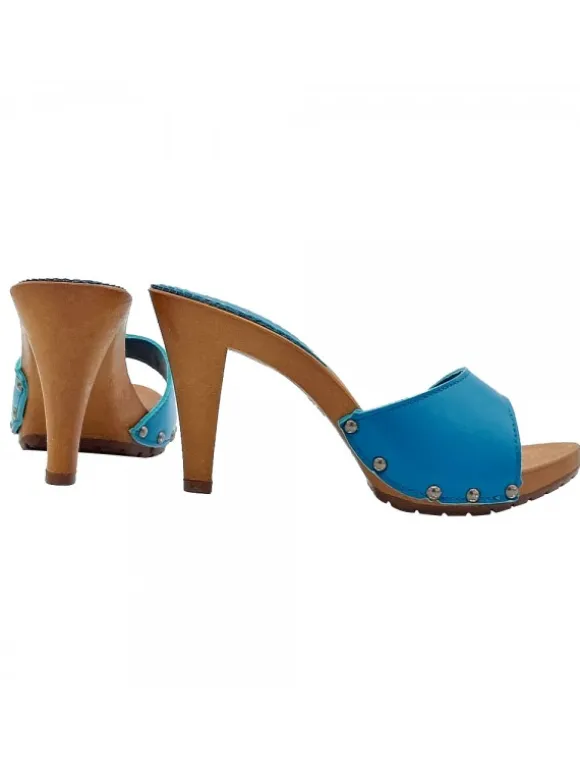 ROYAL BLUE LEATHER CLOGS WITH HEEL 9
