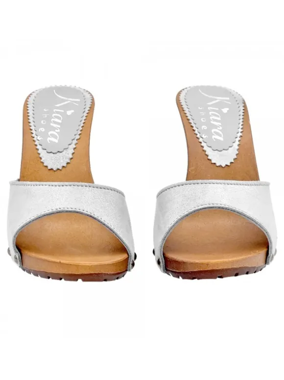 SILVER CLOGS GLITTER LEATHER WITH HEEL 9