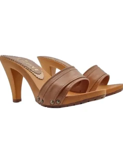 Simple clogs with double band in brown leather