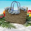 Straw Bag with Blue Flowers