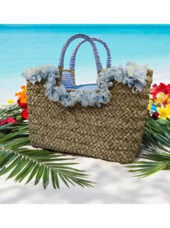 Straw Bag with Blue Flowers