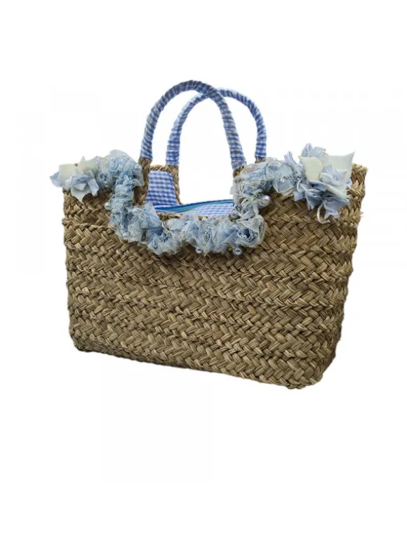 Straw Bag with Blue Flowers