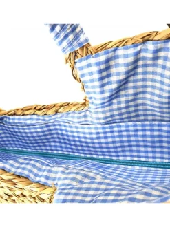 Straw Bag with Blue Flowers