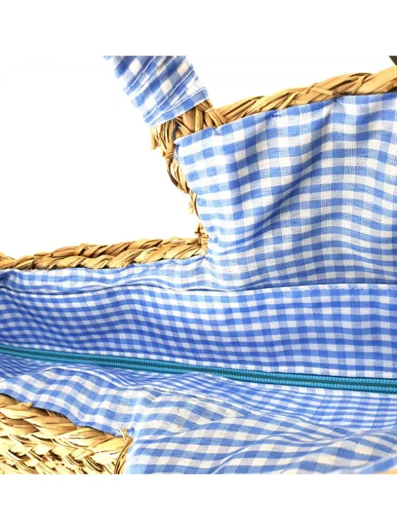 Straw Bag with Blue Flowers