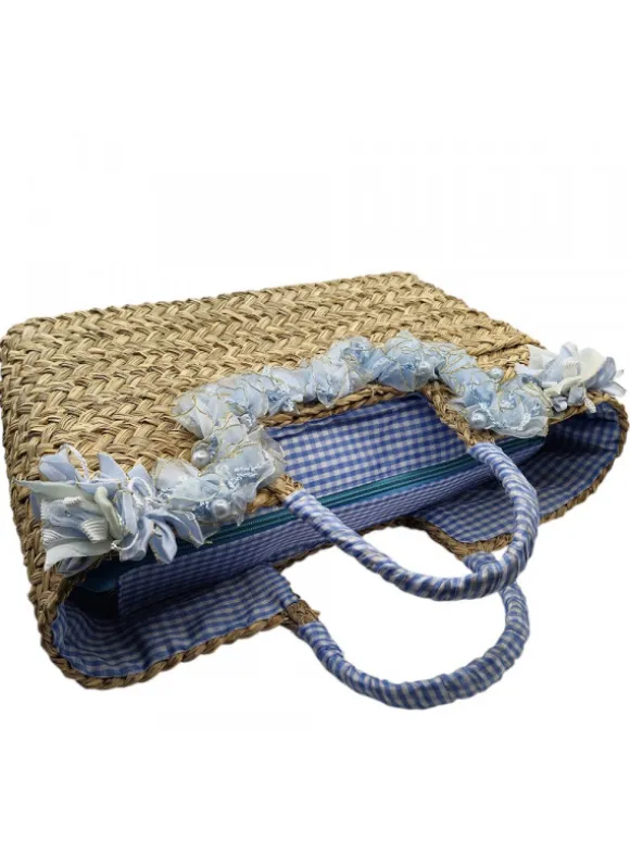 Straw Bag with Blue Flowers