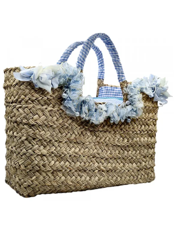 Straw Bag with Blue Flowers