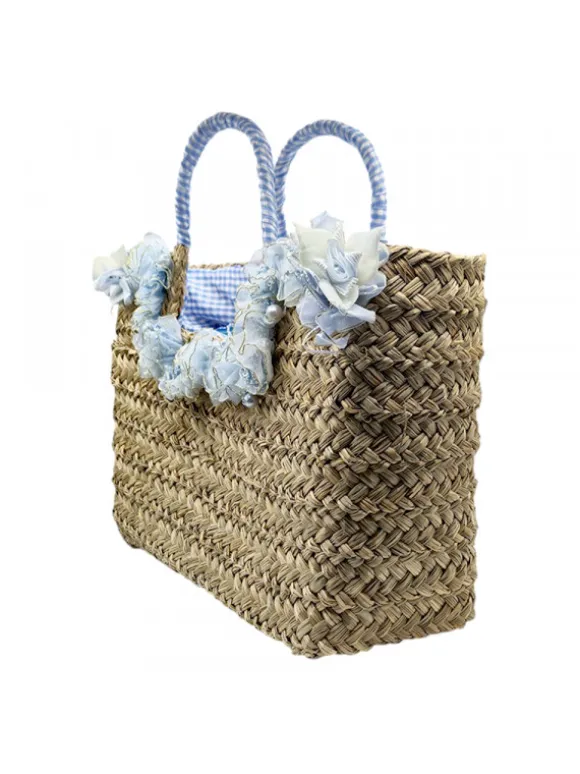 Straw Bag with Blue Flowers