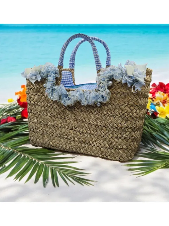 Straw Bag with Blue Flowers